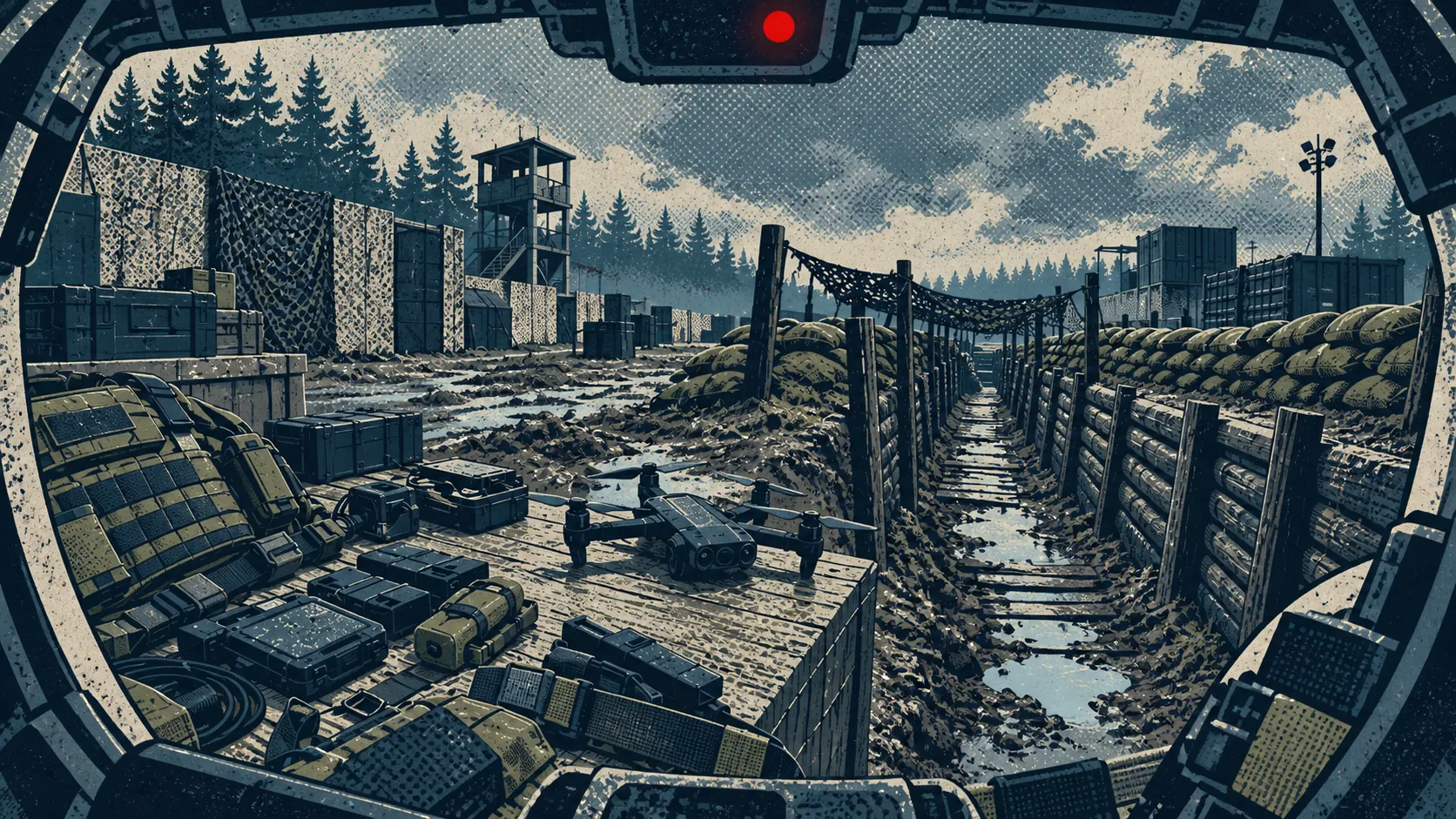 PGB editorial illustration of a body-camera frame overlooking trenches, drones, and tactical routes