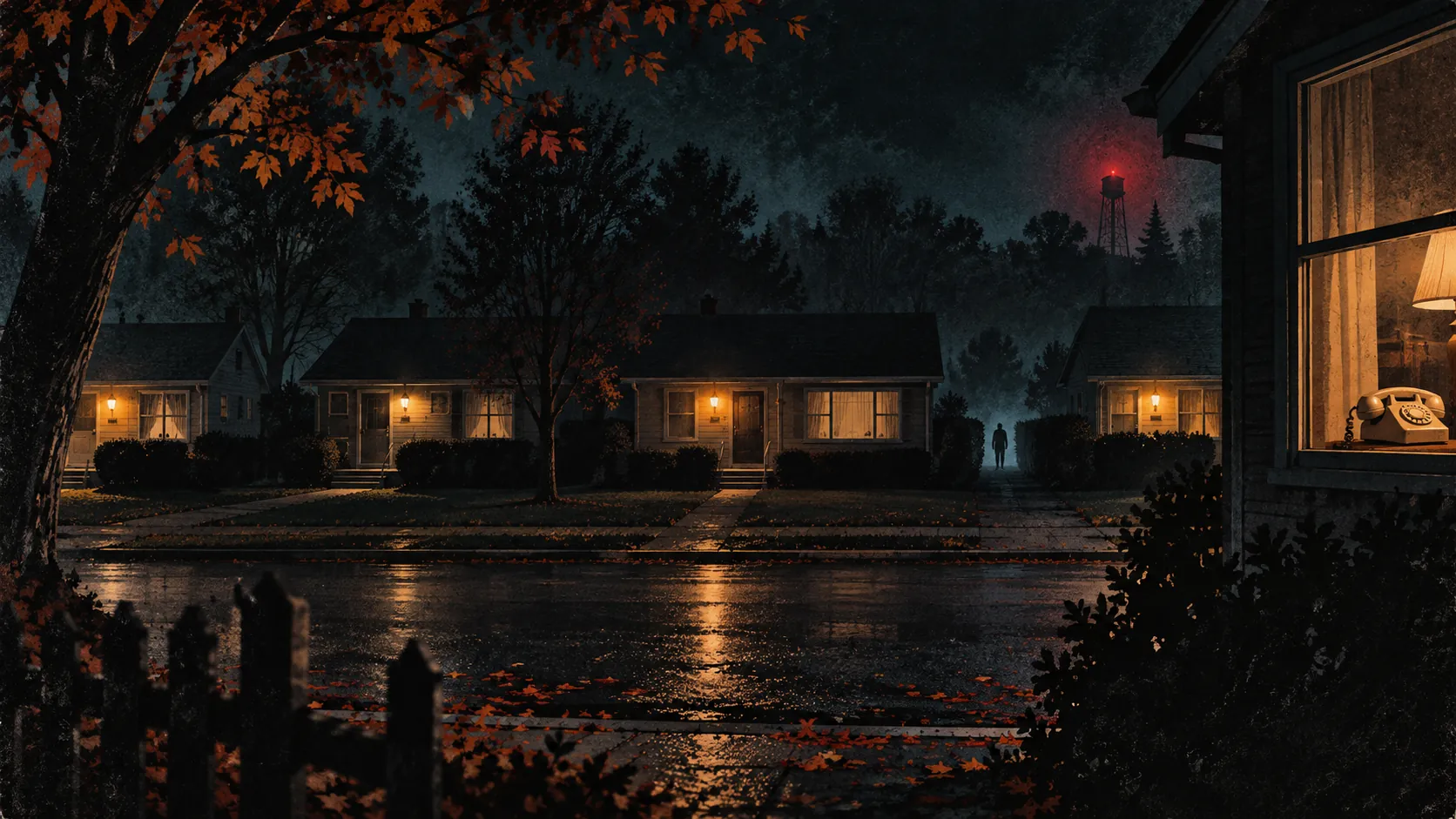 PGB editorial illustration of a quiet suburban street at night with porch lights and an empty swing