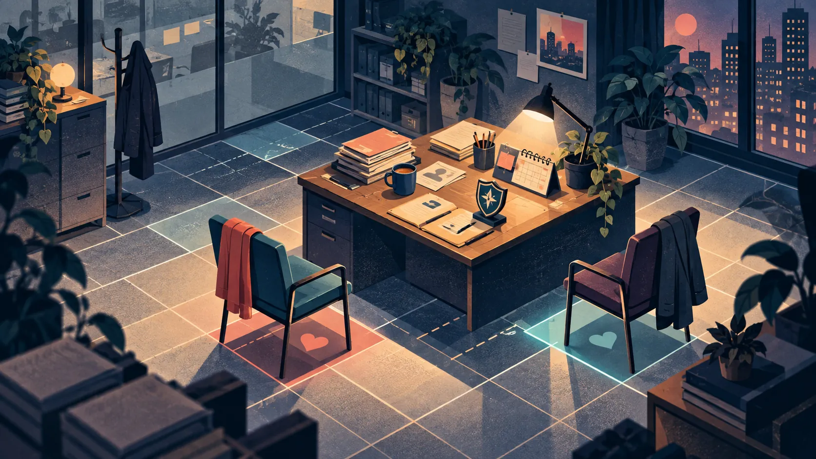 Editorial illustration of an after-hours office arranged as a tactical grid with case files and two decision chairs