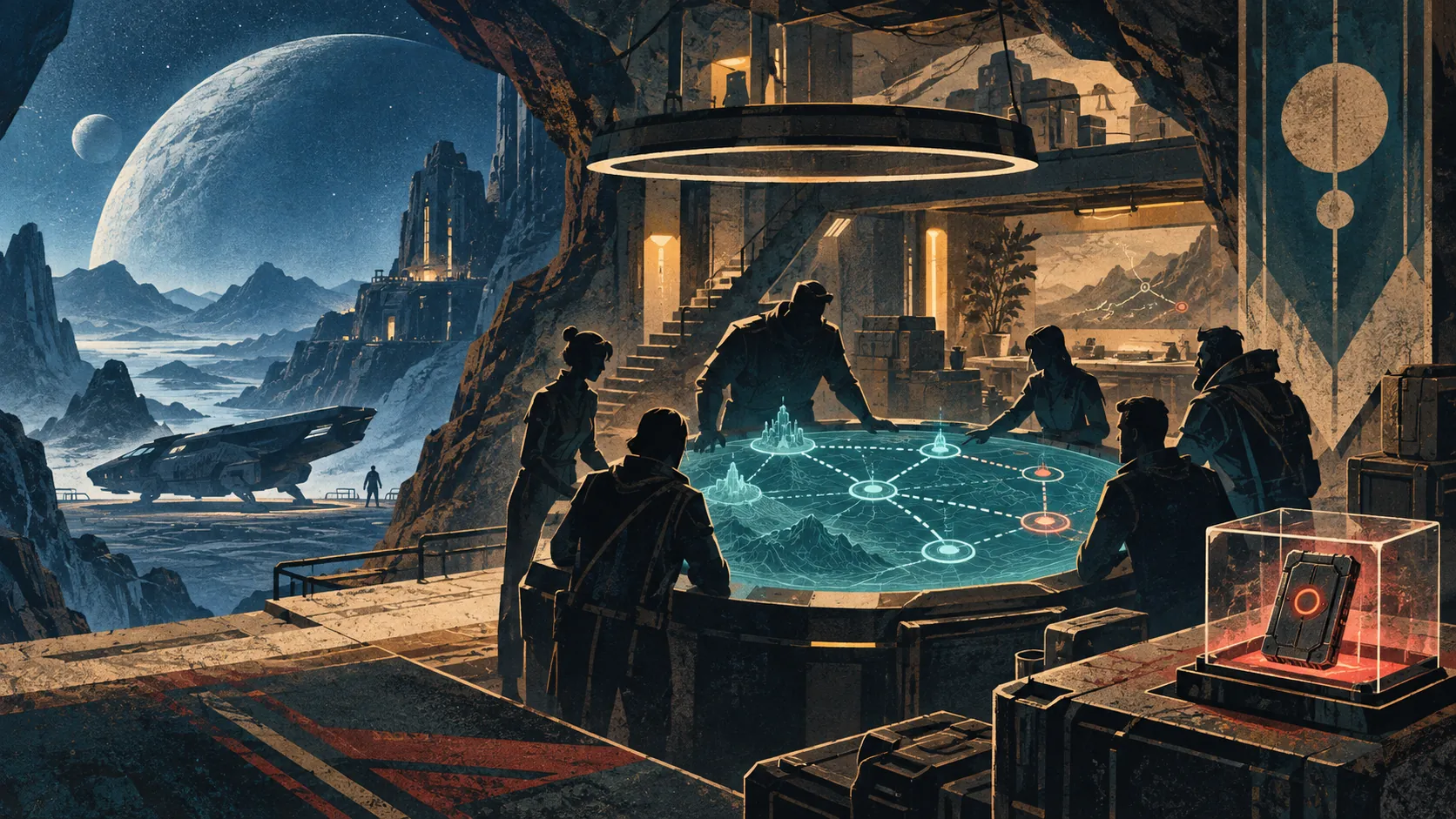PGB editorial illustration of an anonymous tactical squad planning around a glowing map table
