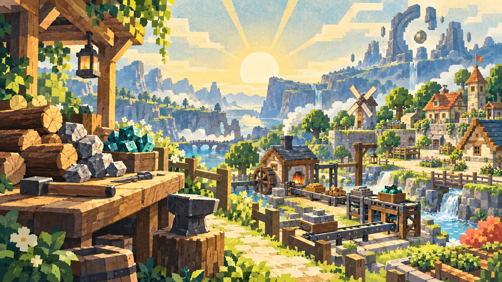 Editorial illustration of gathered materials, crafting machinery, and a sunlit restored village